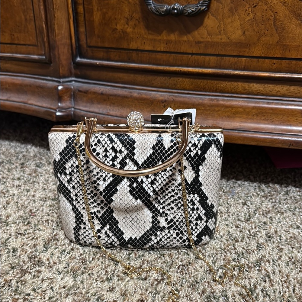 Black and Cream Snakeskin Clutch with Glossy Finish